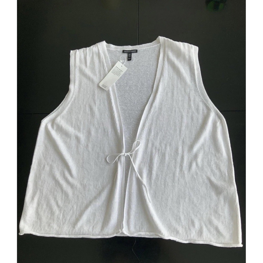 Eileen Fisher Linen Cotton Knit V Neck Vest Tie White Size L NWT $188